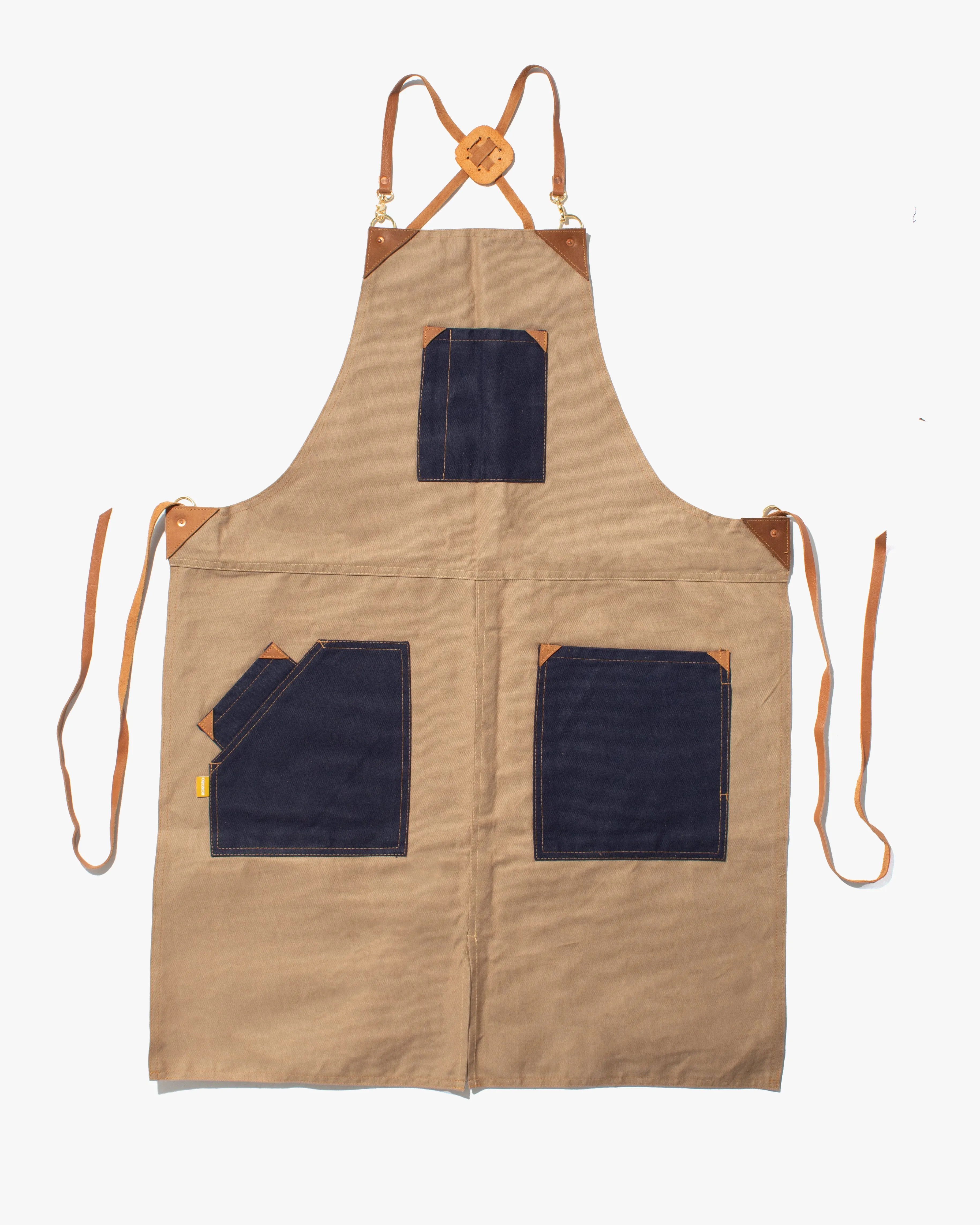 Kokoro Original Work Apron, Full, Canvas Two-Tone, Navy Pocket on Tan sold by Kiriko