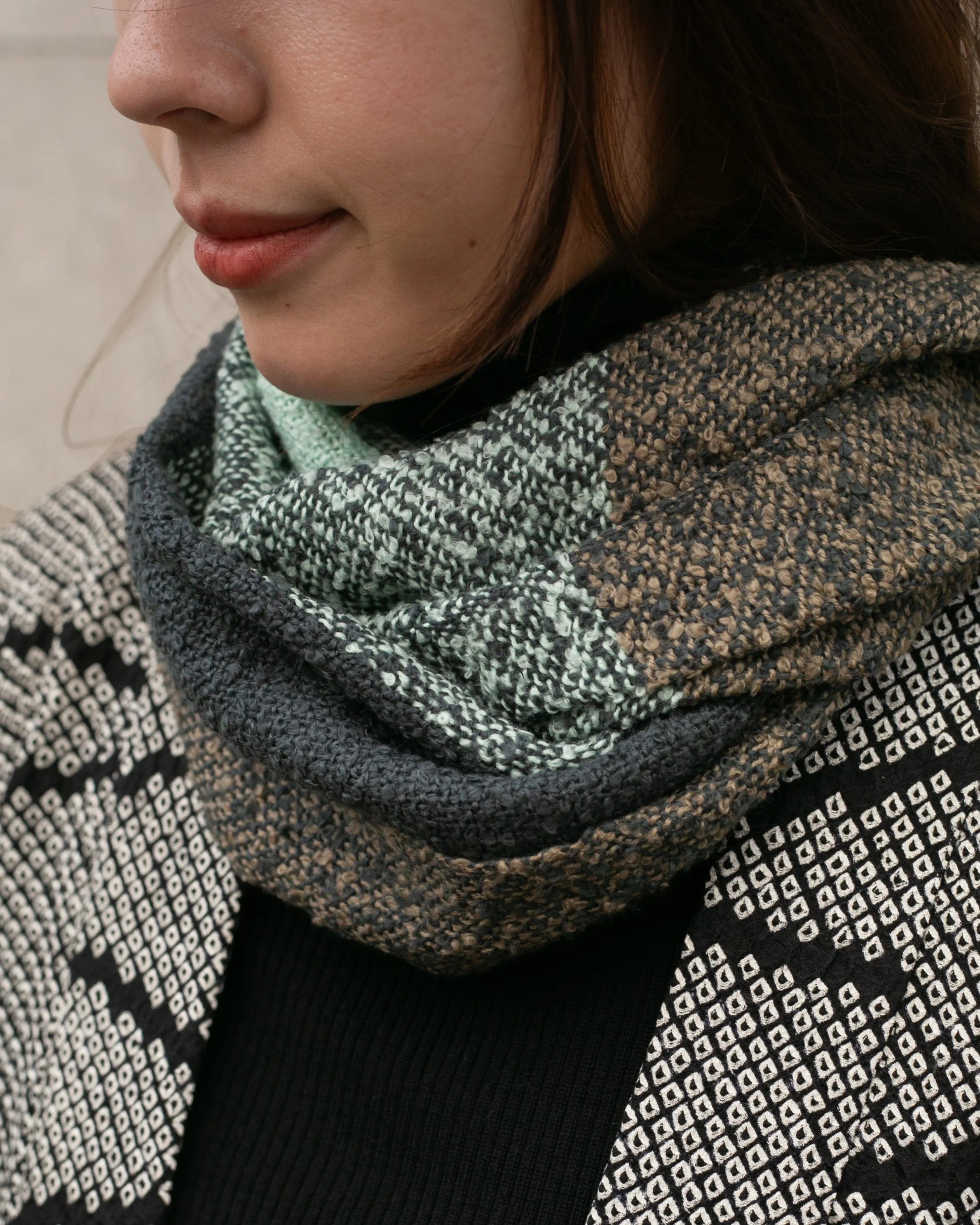 Kobo Oriza Scarf, Slub, Khaki and Dark Teal Plaid with Mint Accents sold by Kiriko