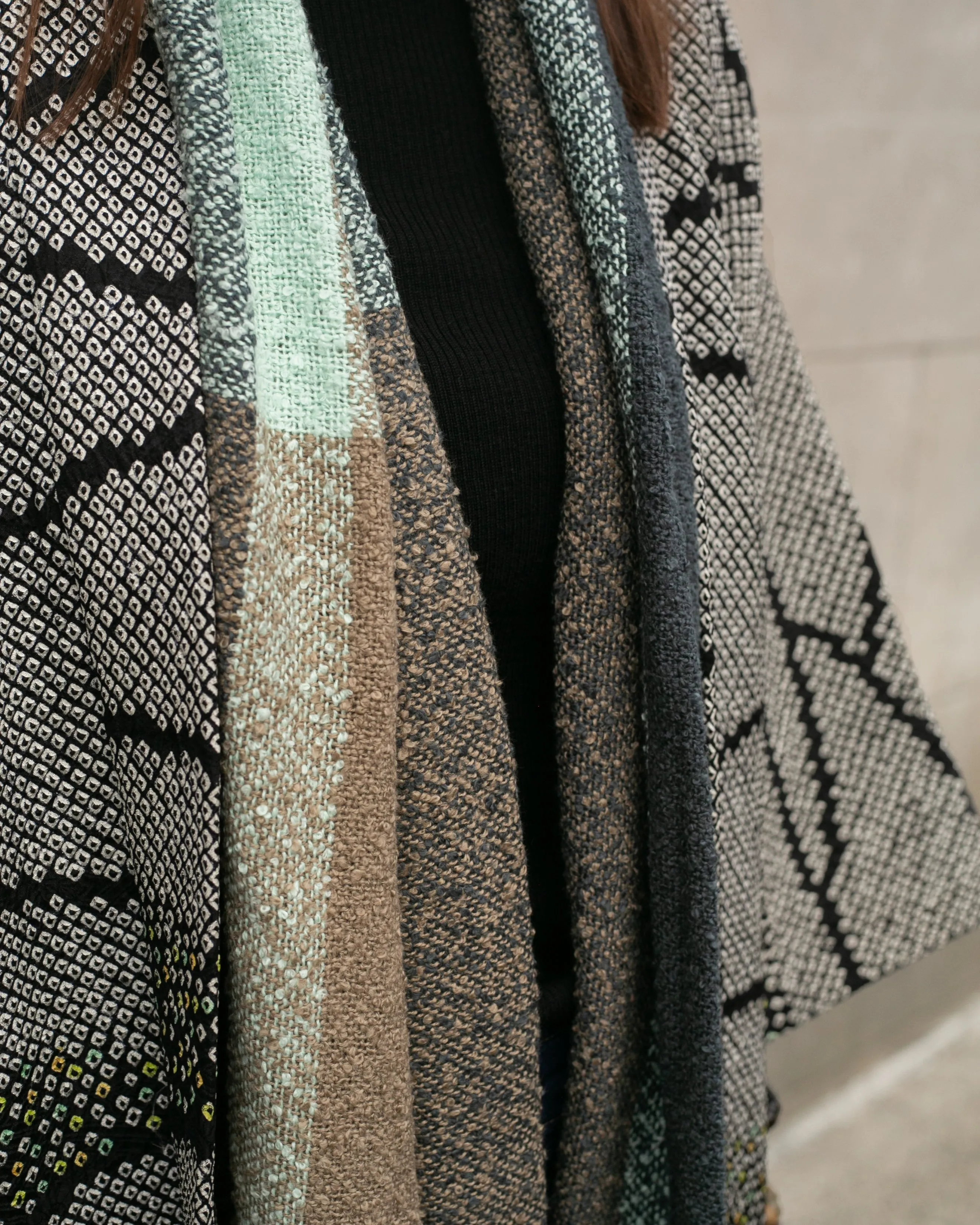 Kobo Oriza Scarf, Slub, Khaki and Dark Teal Plaid with Mint Accents sold by Kiriko product image thumbnail 2