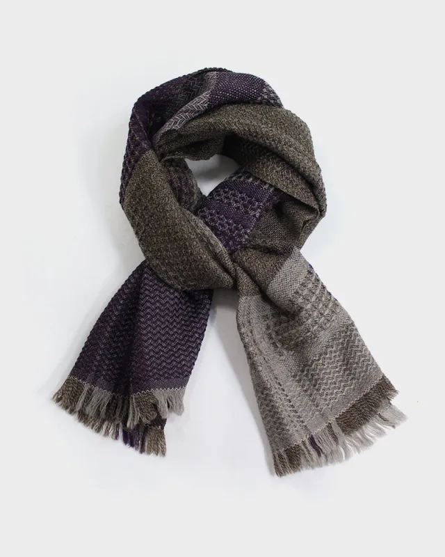Kobo Oriza Scarf, Multi-Patterned Weave Tan and Purple Plaid sold by Kiriko