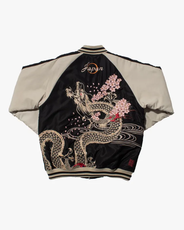 Japanese Repro Souvenir Jacket, Black Cherry Blossom and Dragon - L sold by Kiriko