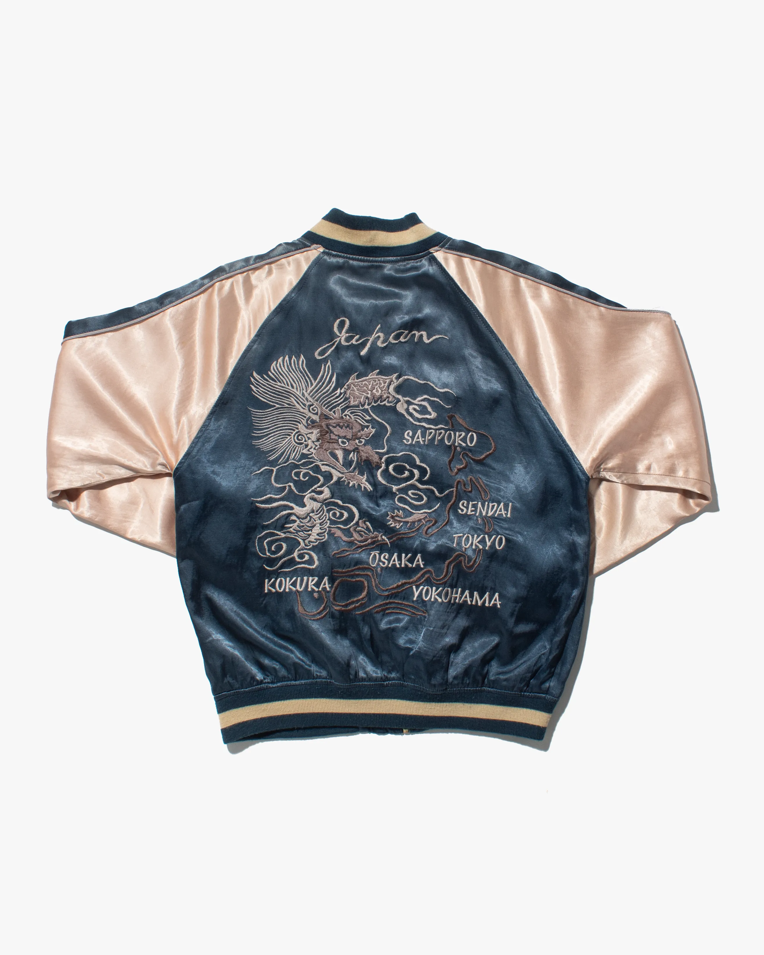 Japanese Repro Souvenir Jacket, Blue Map of Japan with Dragon - L sold by Kiriko