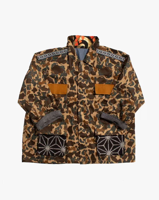 Kiriko Custom Military Jacket, Camo Patched, Kiri Karakusa Obi with Hishi Webbing, Asanoha, and Orange Pocket Flaps sold by Kiriko