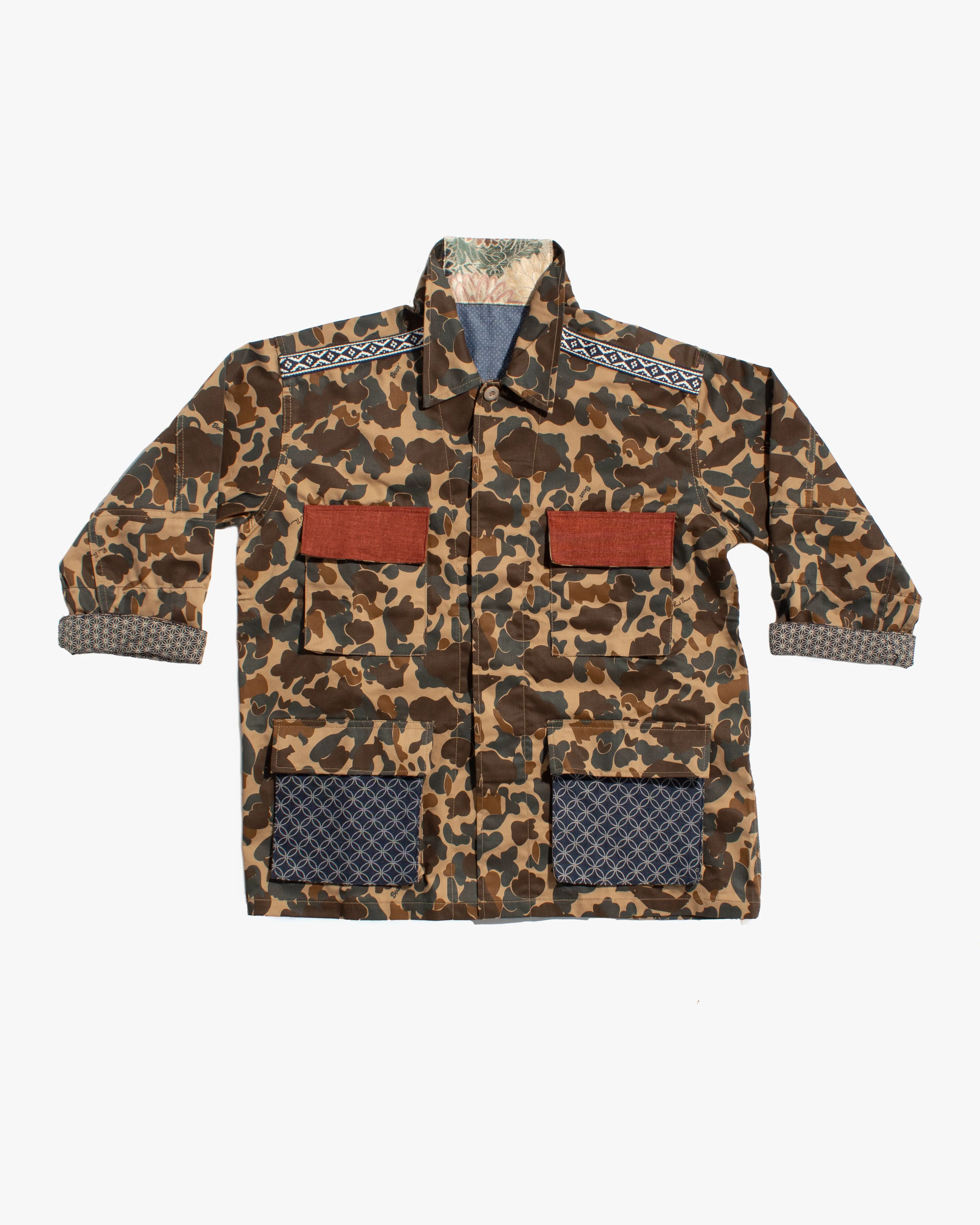 Kiriko Custom Military Jacket, Camo Patched, Crane and Chrysanthemum Obi with Hishi Webbing, Shippou, Asanoha, and Rust Pocket Flaps sold by Kiriko product image thumbnail 2