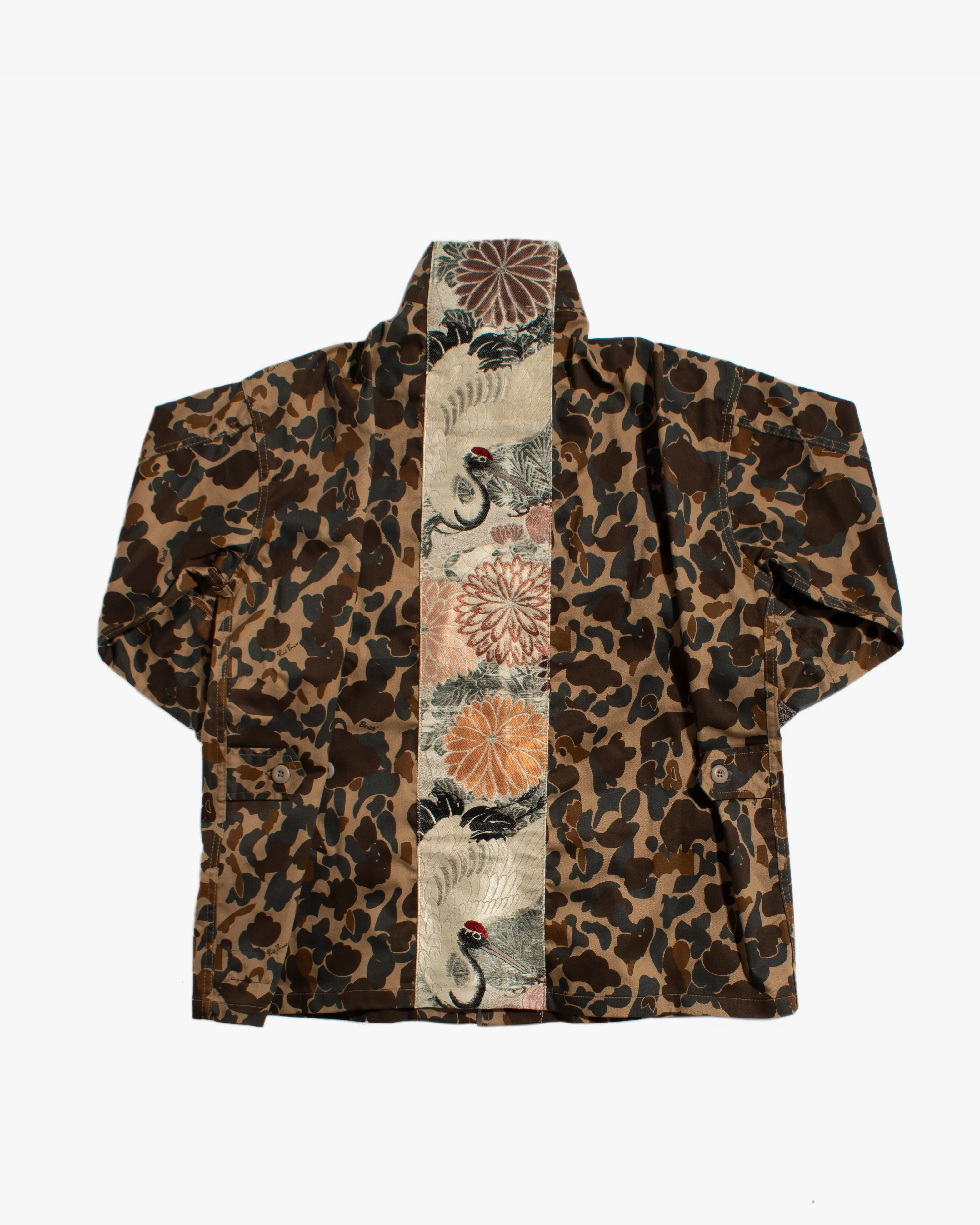 Kiriko Custom Military Jacket, Camo Patched, Crane and Chrysanthemum Obi with Hishi Webbing, Shippou, Asanoha, and Rust Pocket Flaps sold by Kiriko product image thumbnail 4