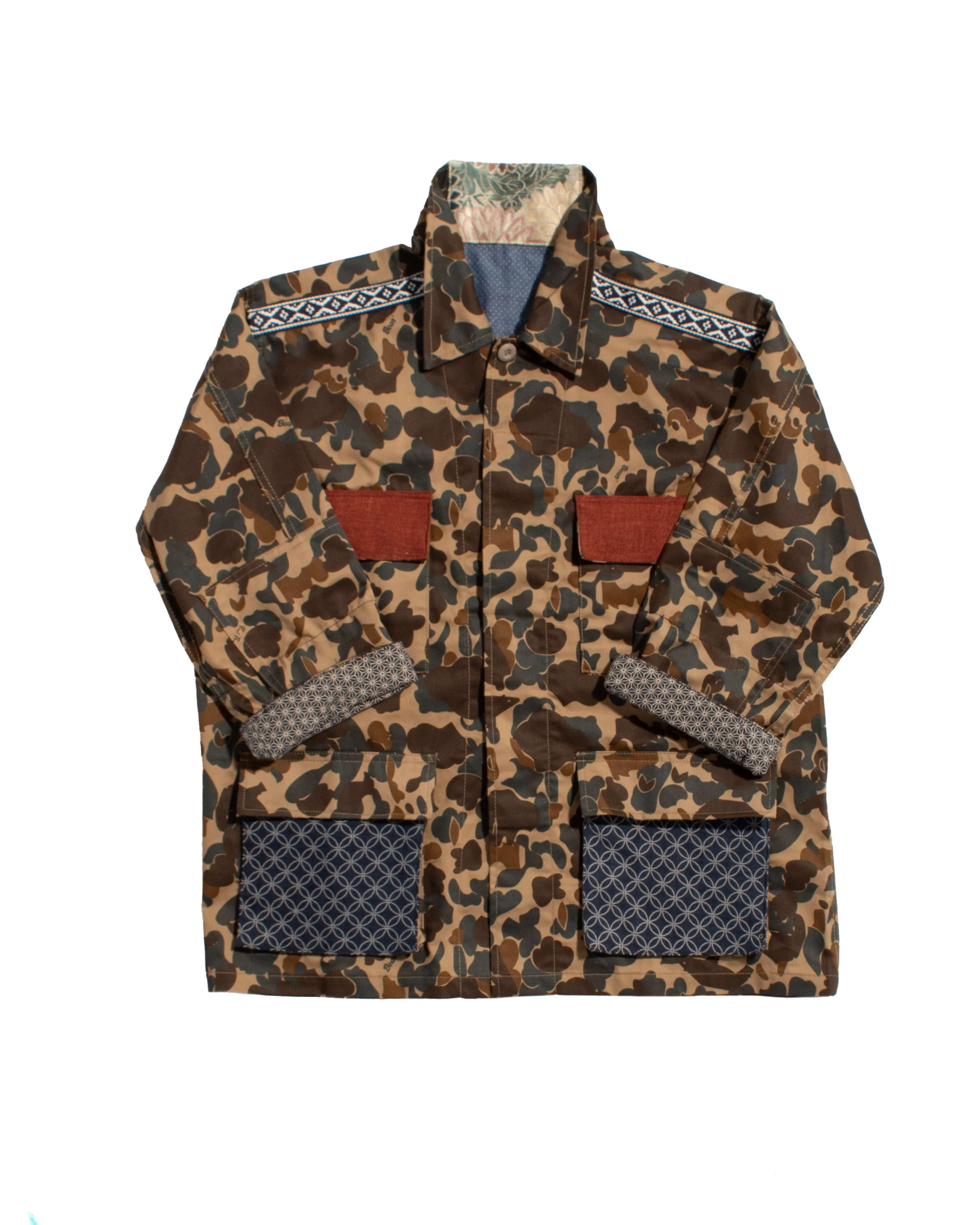 Kiriko Custom Military Jacket, Camo Patched, Crane and Chrysanthemum Obi with Hishi Webbing, Shippou, Asanoha, and Rust Pocket Flaps sold by Kiriko