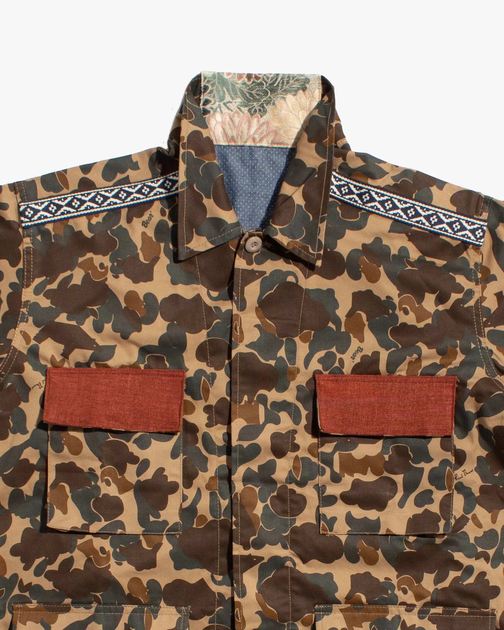 Kiriko Custom Military Jacket, Camo Patched, Crane and Chrysanthemum Obi with Hishi Webbing, Shippou, Asanoha, and Rust Pocket Flaps sold by Kiriko product image thumbnail 3