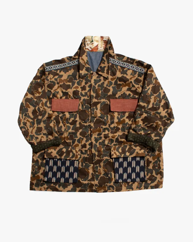 Kiriko Custom Military Jacket, Camo Patched, Double Crane Obi with Hishi Webbing, Yagasuri and Orange Pocket Flaps sold by Kiriko