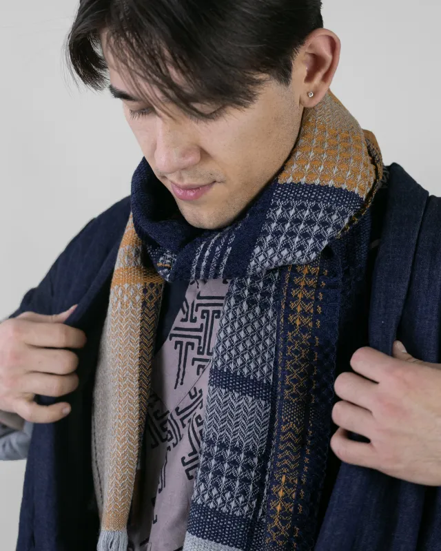 Kobo Oriza Scarf, Multi-Pattern Weave, Yellow and Navy sold by Kiriko