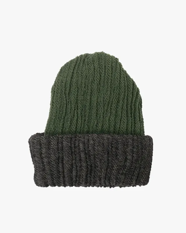 Kobo Oriza Knit Cap, Multi Functional, Cotton and Wool Blend, Split Dark Green and Charcoal, 9 " sold by Kiriko