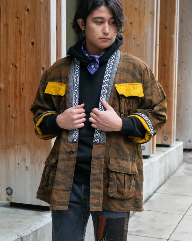 Kiriko Custom Military Jacket, Koi Dragon, Mustard Overdyed with Hishi Webbing Collar sold by Kiriko