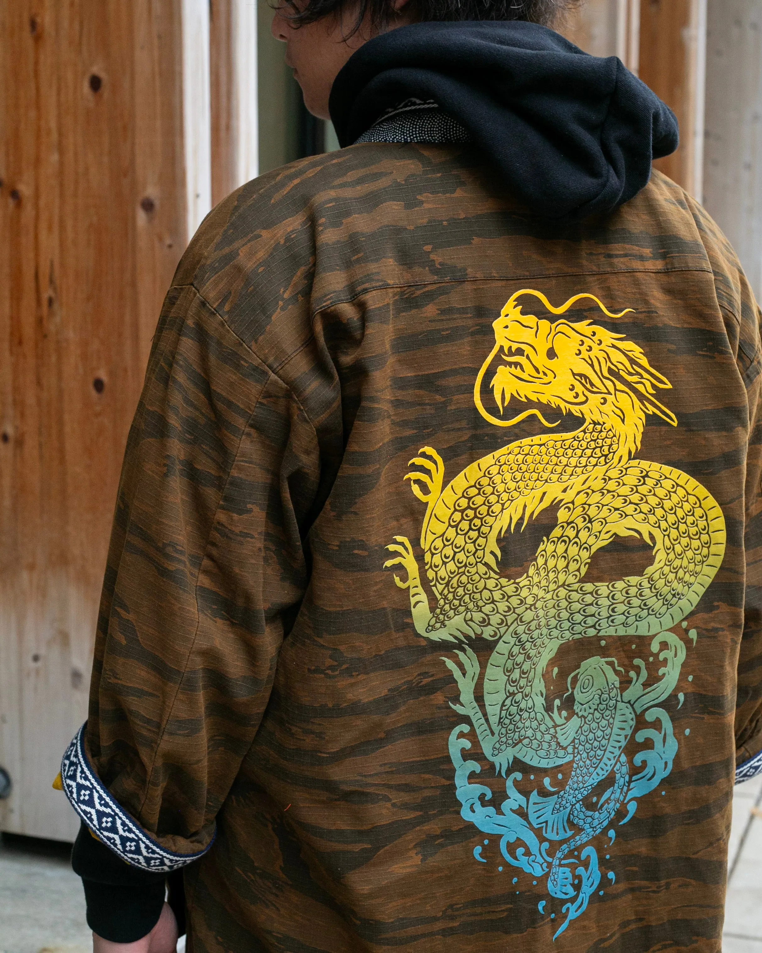 Kiriko Custom Military Jacket, Koi Dragon, Mustard Overdyed with Hishi Webbing Collar sold by Kiriko product image thumbnail 2