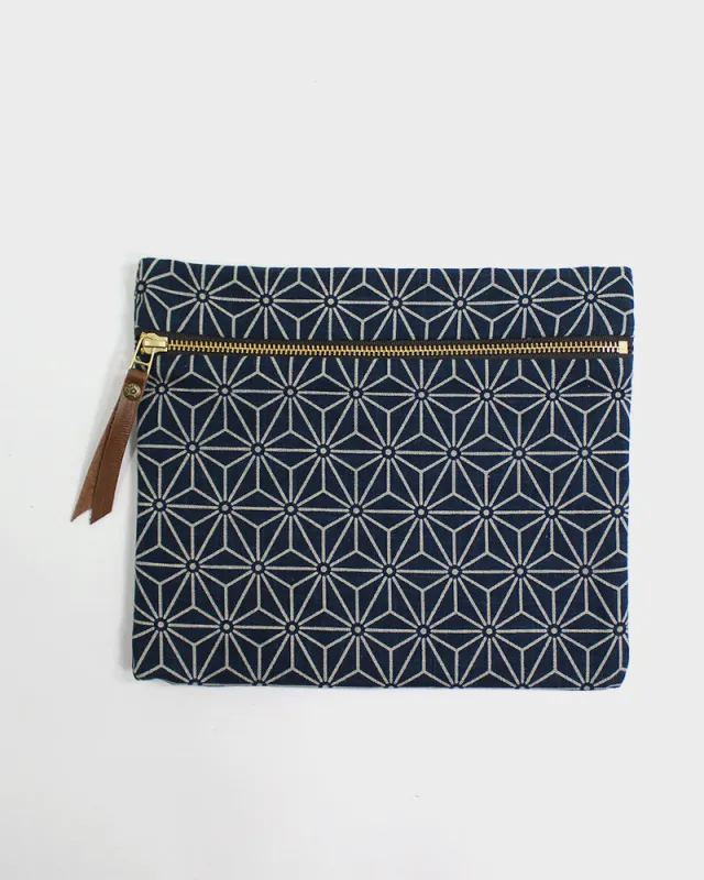 Flat Medium Zipper Pouch, Indigo Small Asanoha sold by Kiriko