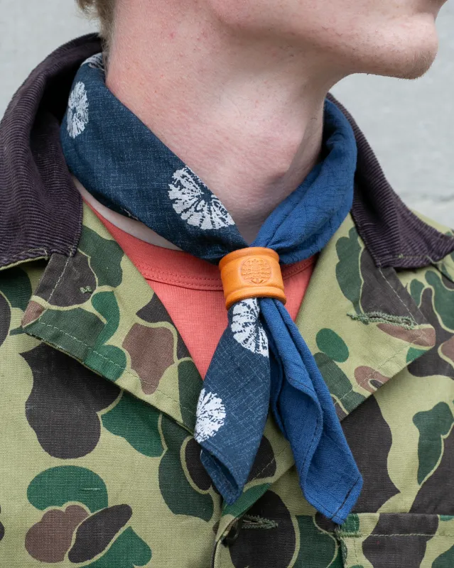 Kiriko Original Bandana, Split, Indigo with Kumo Shibori and Blue Crinkled Slub sold by Kiriko