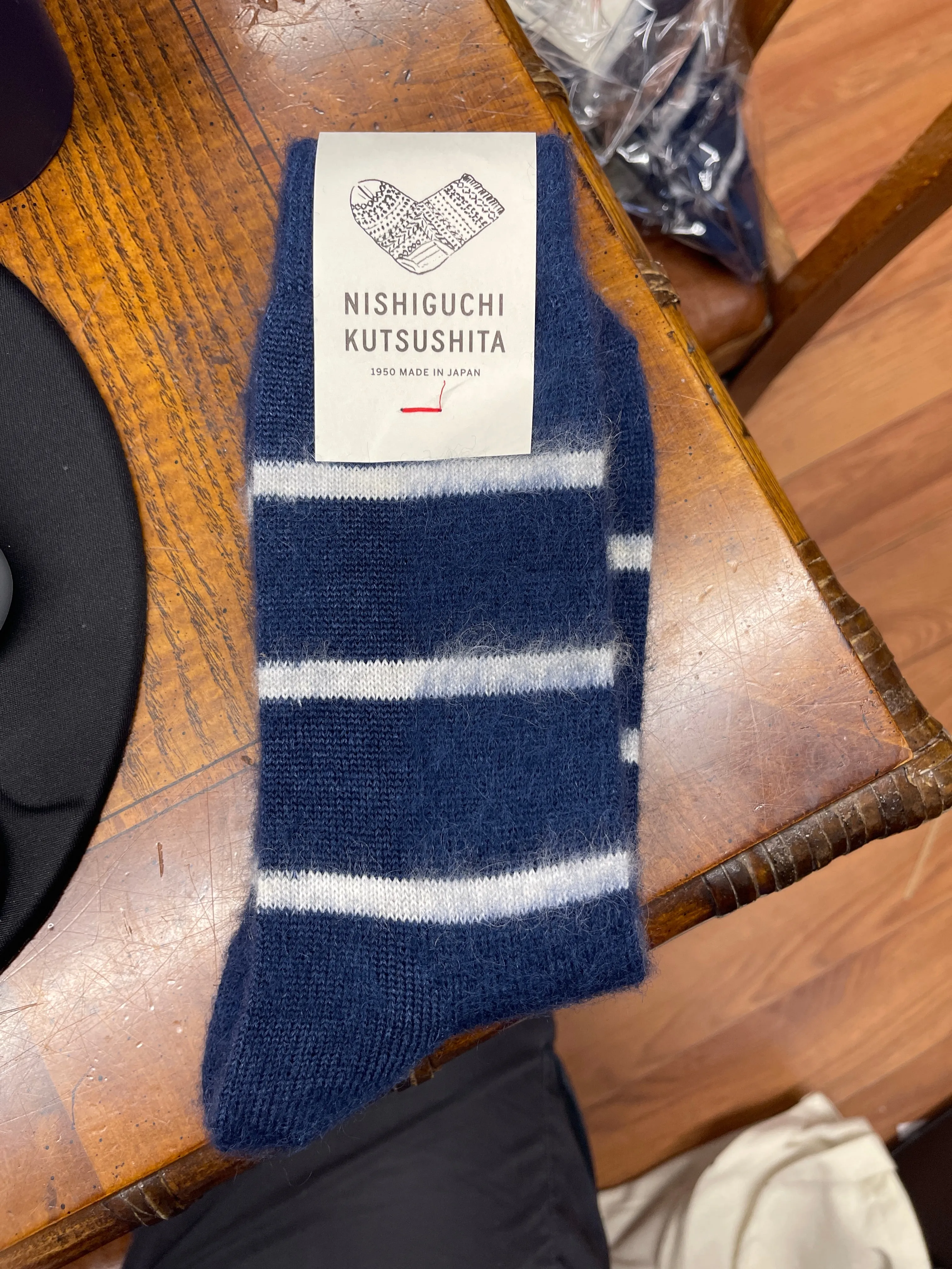 *TEMP POS* Knitwin, Crew Socks, Mohair Wool Border, Oslo Navy sold by Kiriko