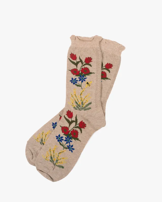 Debby Co. Crew Socks, Andeotte Collection, Beige with Ladybug sold by Kiriko