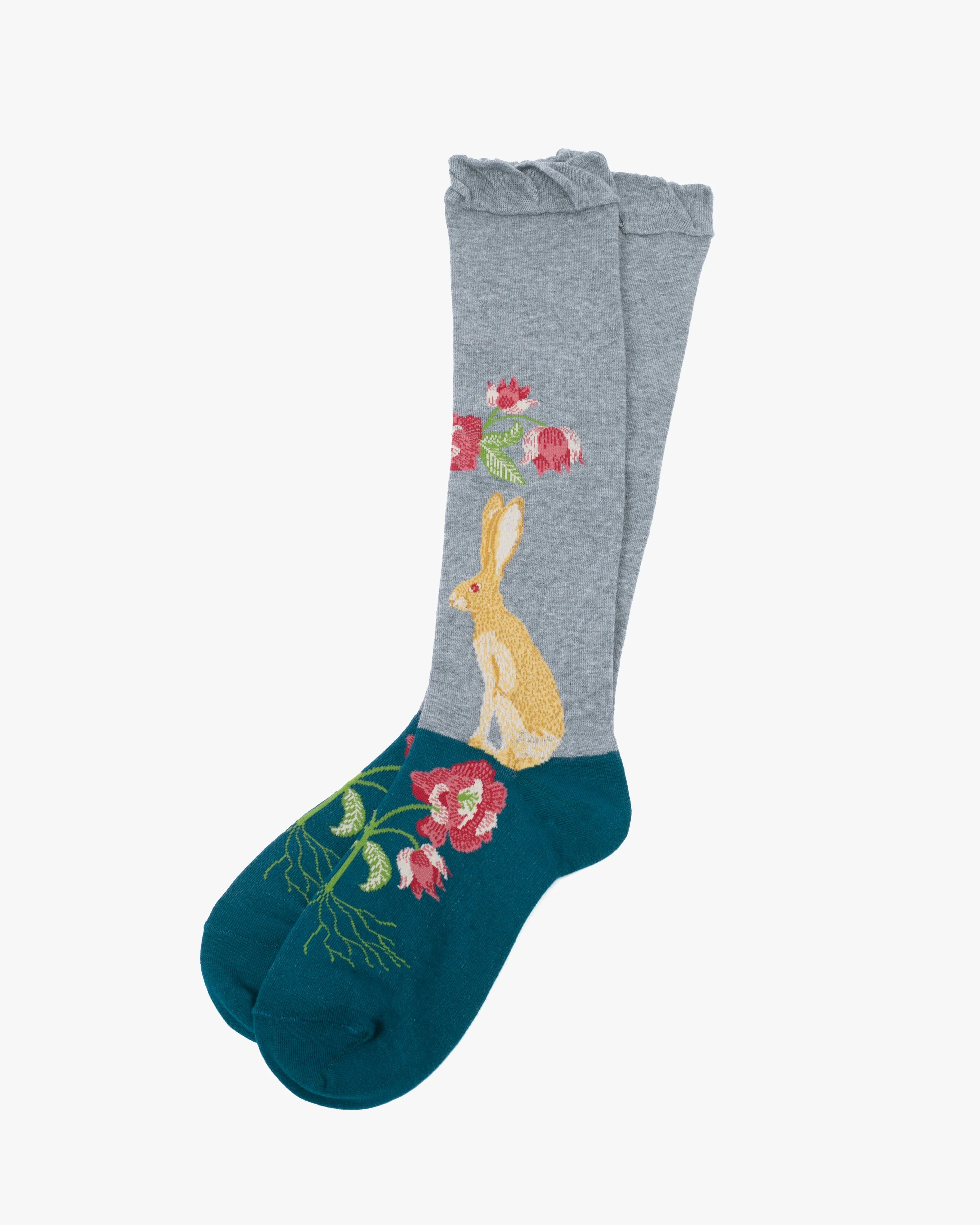 Debby Co. Crew Socks, Andeotte Collection, Gray with Yellow Rabbit sold by Kiriko