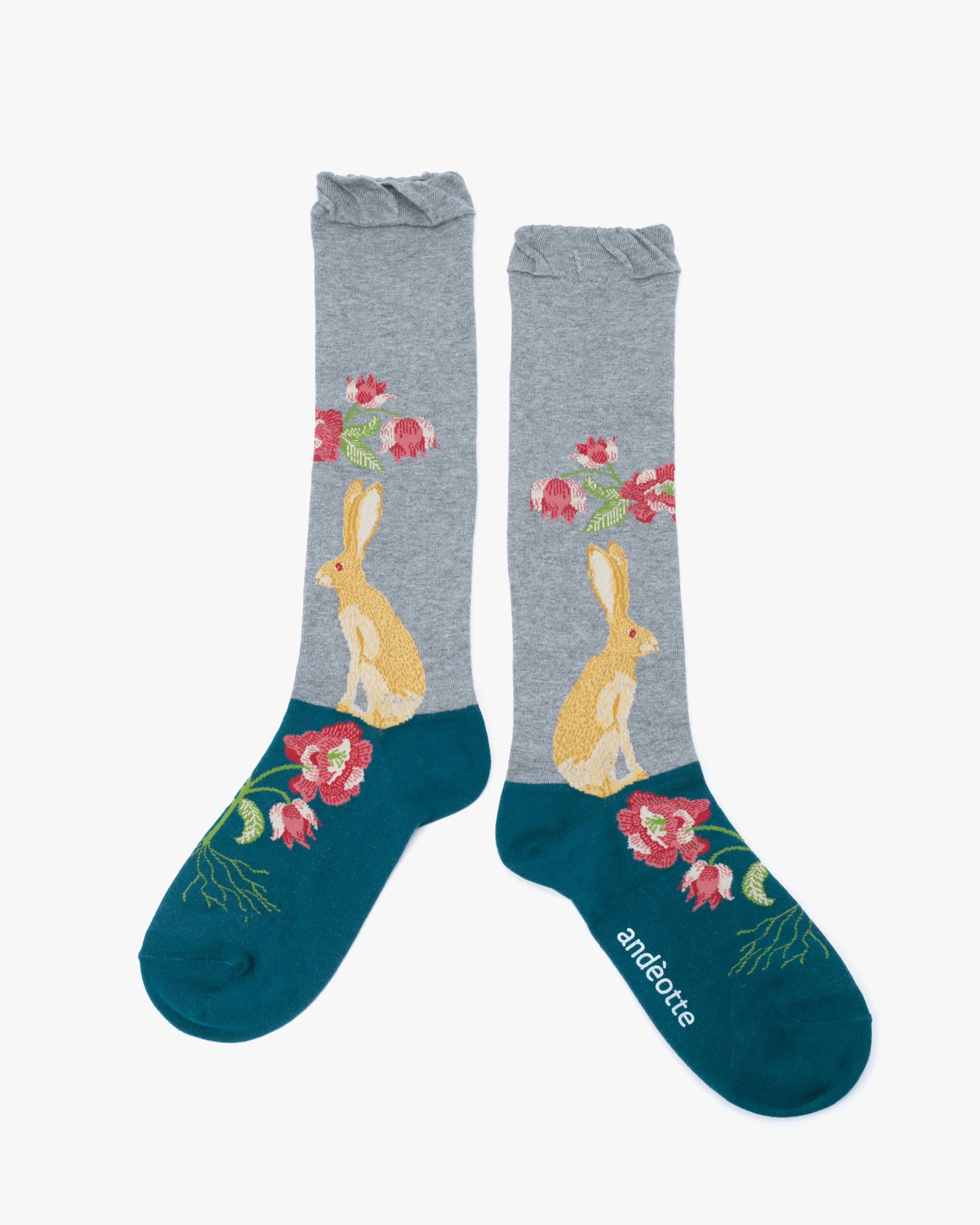 Debby Co. Crew Socks, Andeotte Collection, Gray with Yellow Rabbit sold by Kiriko product image thumbnail 2