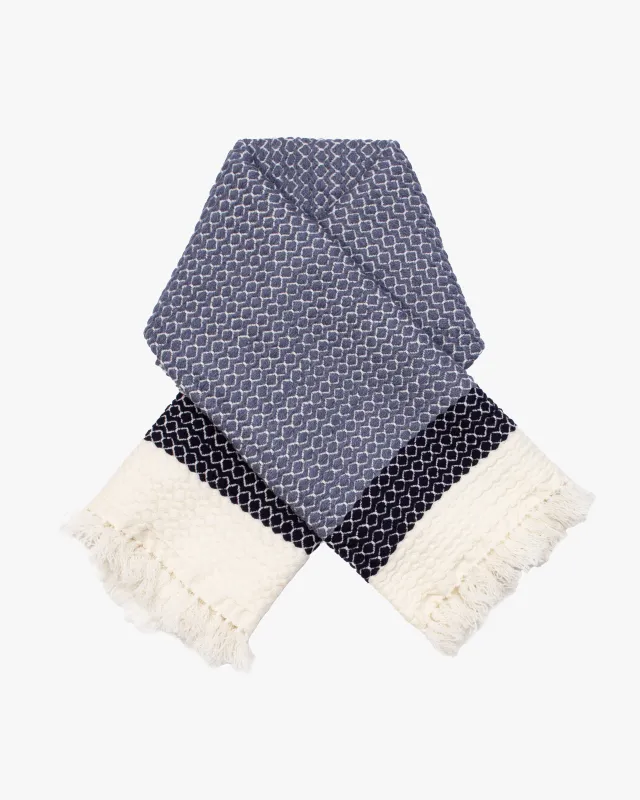 Kobo Oriza Wool Blanket Shawl, Kawari, Dotted Pattern, Wisteria, Navy and White sold by Kiriko