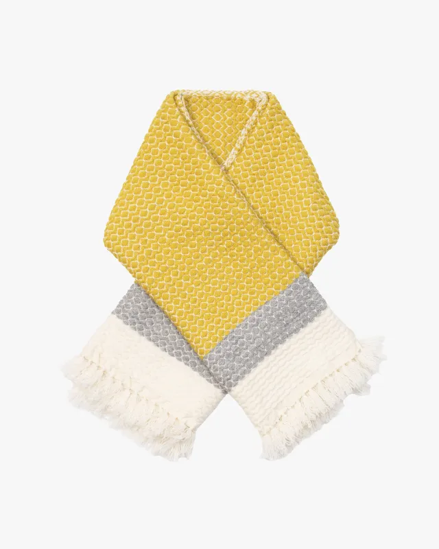 Kobo Oriza Wool Blanket Shawl, Kawari, Dotted Pattern, Yellow, Gray and White sold by Kiriko