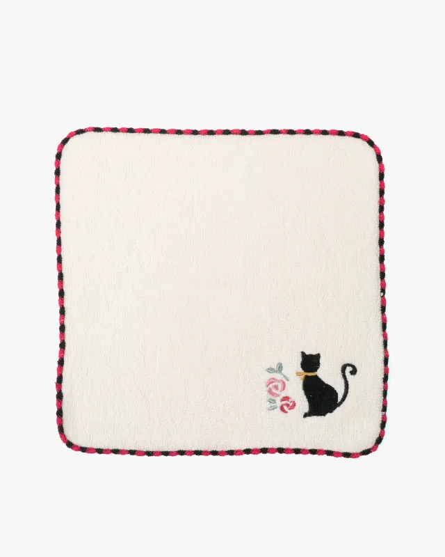 Kurochiku, Embroidered Cotton Handkerchief, Black Cat sold by Kiriko