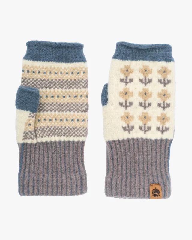 Gloves, Bisque, Tehtava, Blue and Grey with Beige Flowers, Fingerless sold by Kiriko