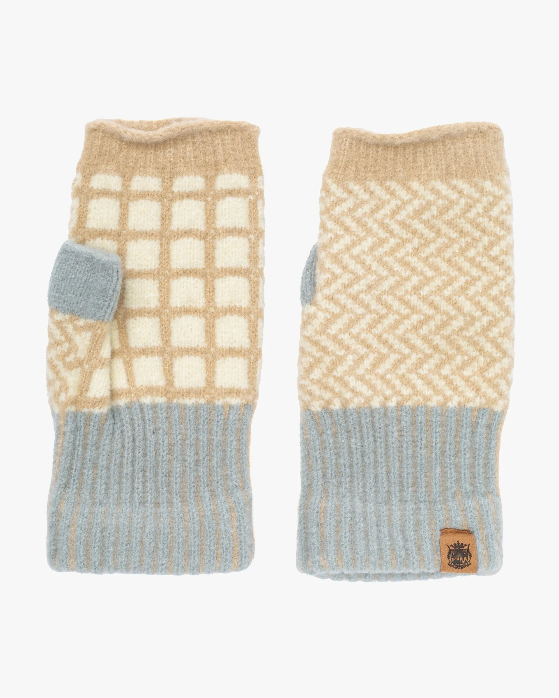 Fingerless Gloves, Bisque, Tehtava, Cool Grey with Beige Herringbone sold by Kiriko