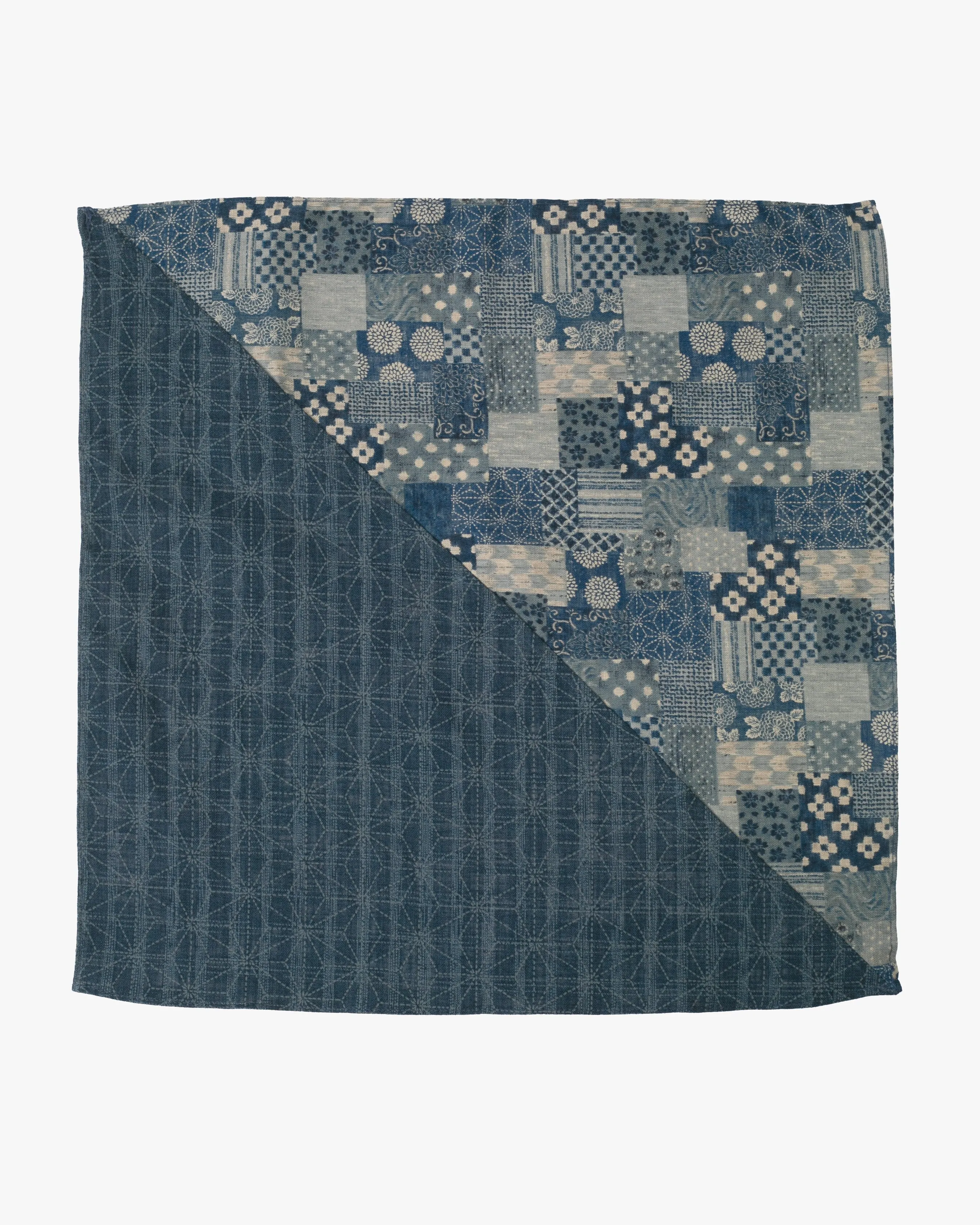 Kiriko Original Bandana, Split, Dotted Asanoha and Washed Light Blue Patchwork Style sold by Kiriko