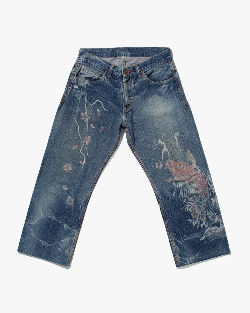 Japanese Repro Denim Jeans, Eternal Brand, Flowers and Koi Artwork - 33" sold by Kiriko