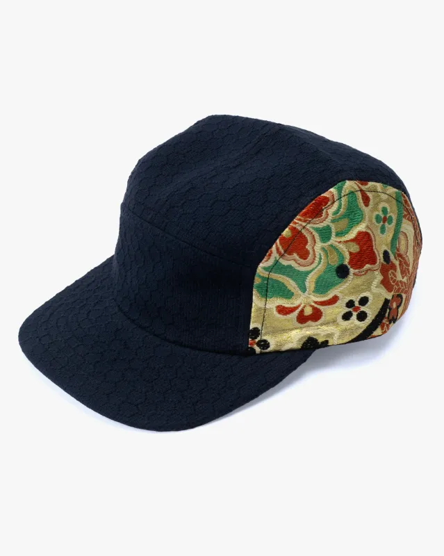 Kiriko Original Cap, 5-Panel, Kikkou Sashi-Ori & Maru-Obi, Navy with Gold Floral sold by Kiriko