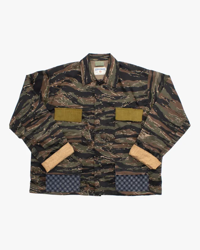 Kiriko Custom Cropped Military Jacket, Camo Patched, Peacock Obi and Indigo Shippou with Matsuba Green Pockets Flaps sold by Kiriko