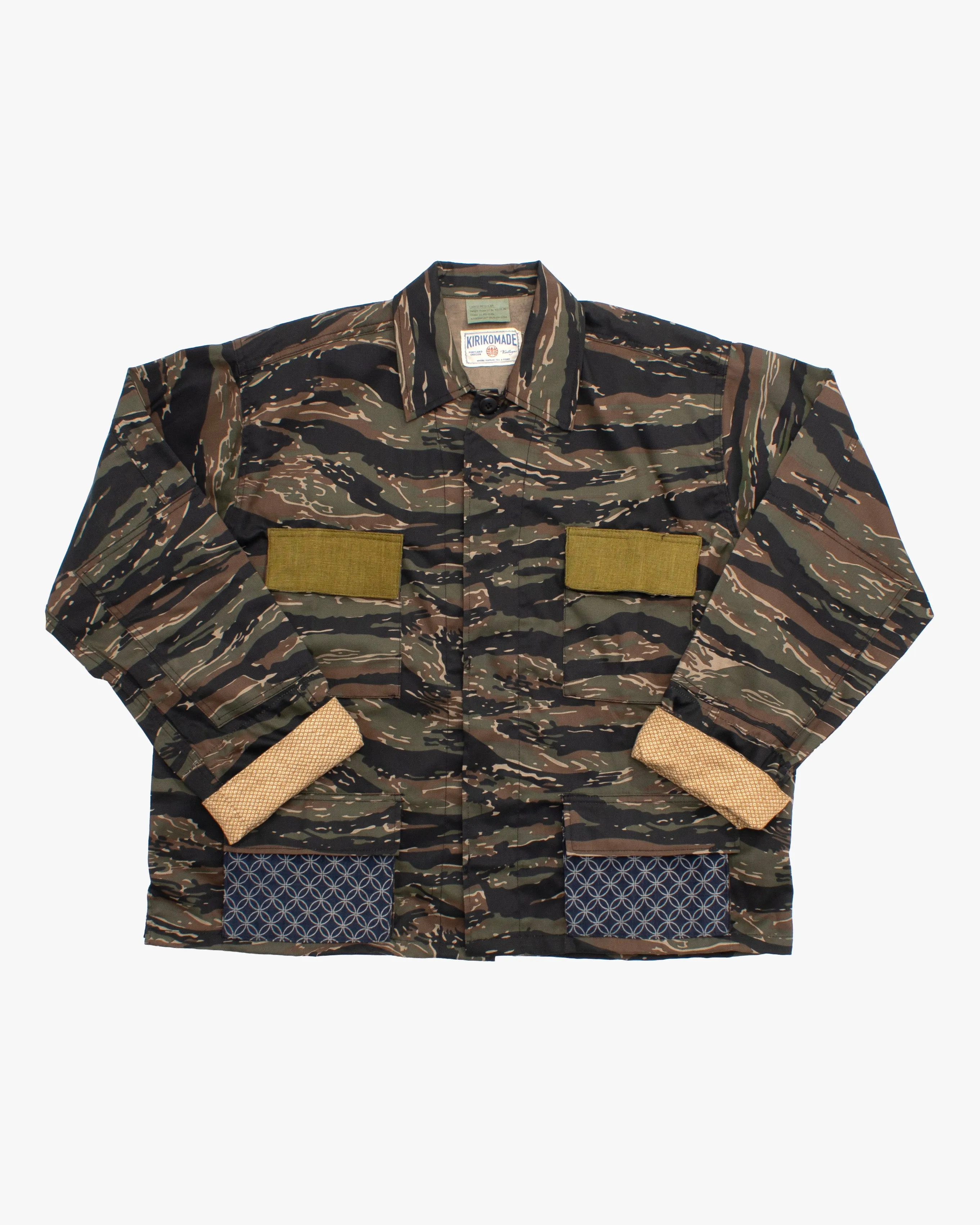 Kiriko Custom Cropped Military Jacket, Camo Patched, Peacock Obi and Indigo Shippou with Matsuba Green Pockets Flaps sold by Kiriko