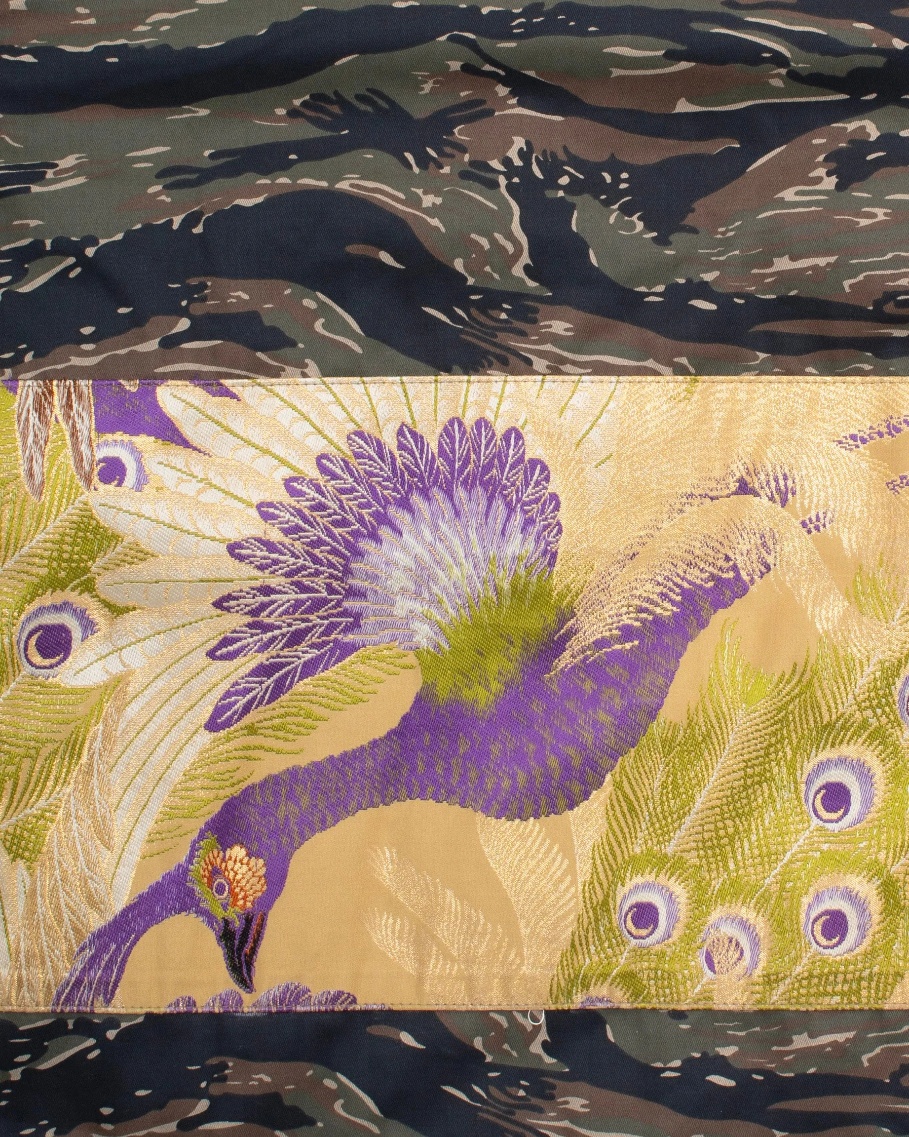 Kiriko Custom Cropped Military Jacket, Camo Patched, Peacock Obi and Indigo Shippou with Matsuba Green Pockets Flaps sold by Kiriko product image thumbnail 5