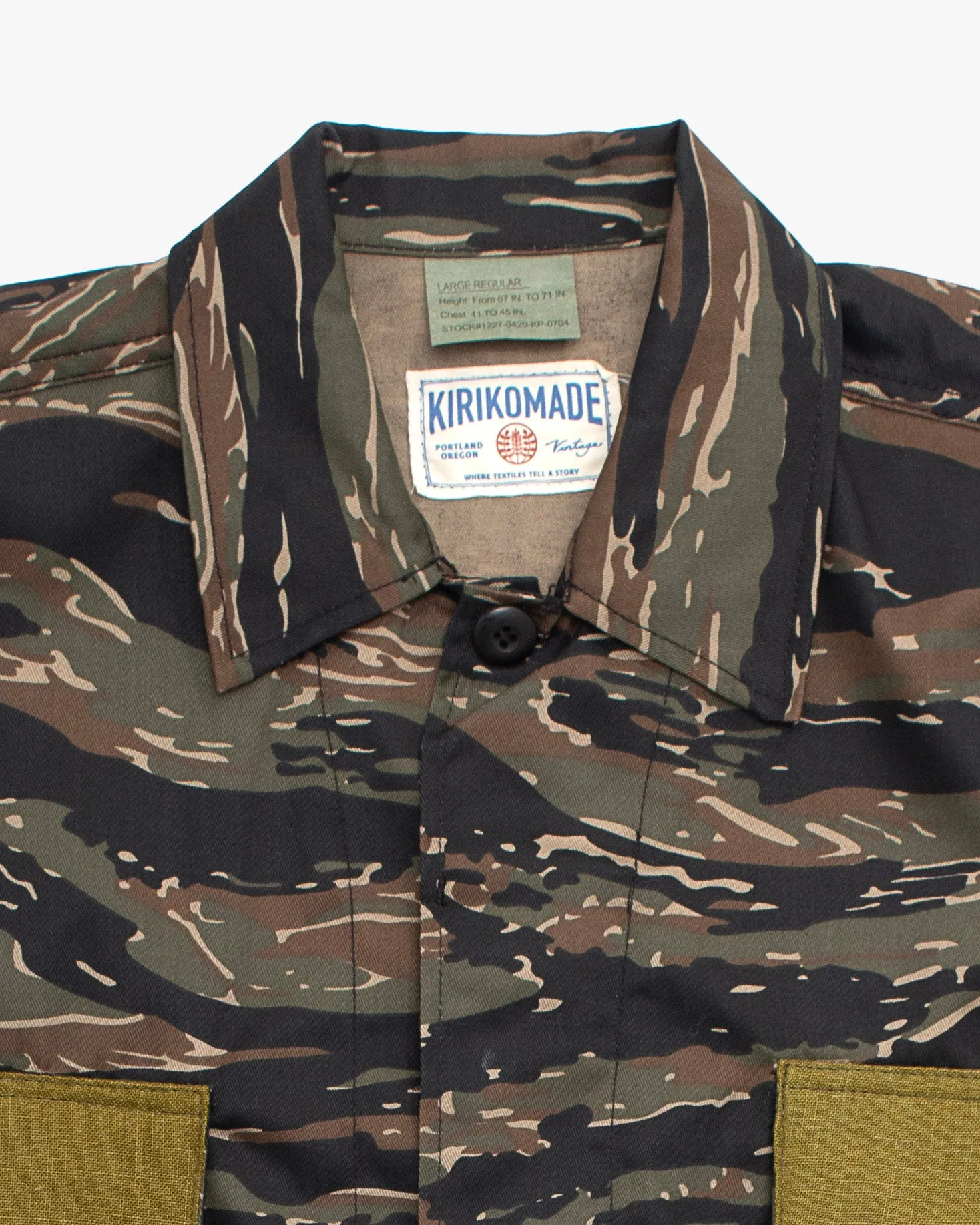 Kiriko Custom Cropped Military Jacket, Camo Patched, Peacock Obi and Indigo Shippou with Matsuba Green Pockets Flaps sold by Kiriko product image thumbnail 2