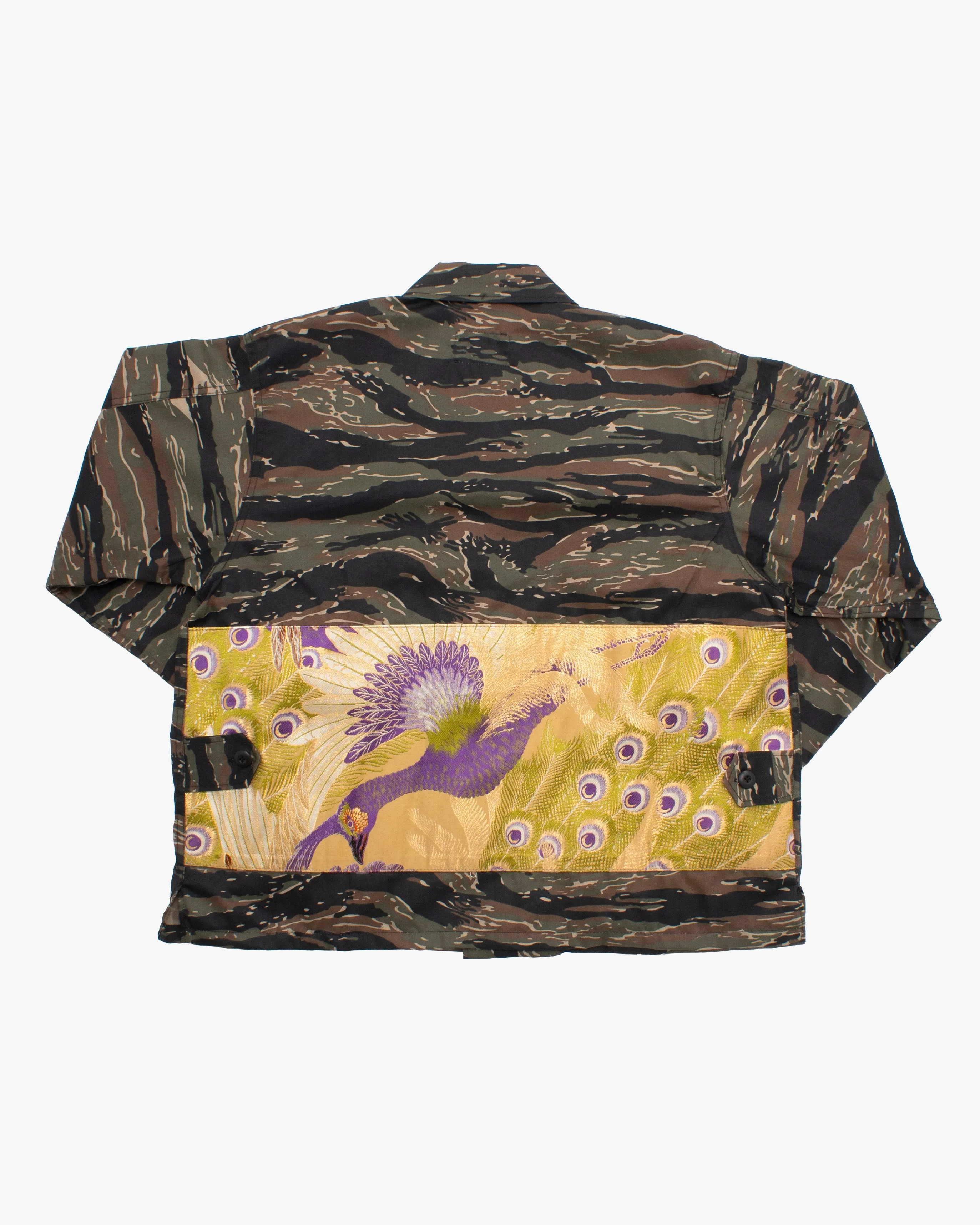 Kiriko Custom Cropped Military Jacket, Camo Patched, Peacock Obi and Indigo Shippou with Matsuba Green Pockets Flaps sold by Kiriko product image thumbnail 3