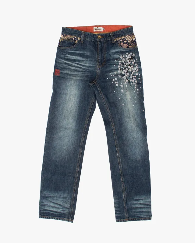 Japanese Repro Denim Jeans, 30, Karakuri Tamashii, Sakura Embroidery sold by Kiriko