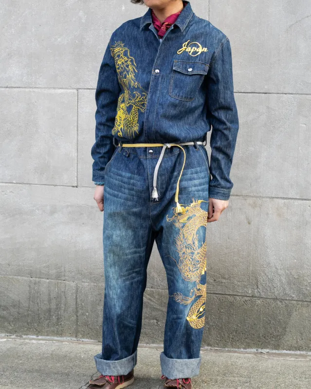 Japanese Repro Denim Jumpsuit, XL, Crutch Co, Embroidered Dragons sold by Kiriko