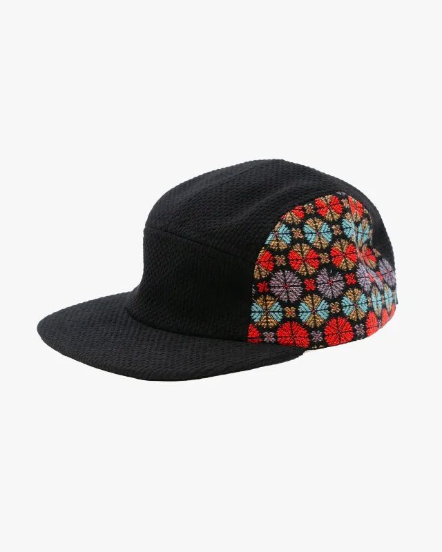 Kiriko Original Cap, 5-Panel, Two Tone, French Jacquard X Sashi-Ori, Black with Multicolor Chrysanthemum sold by Kiriko