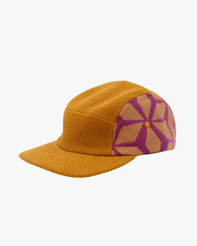 Kiriko Original Cap, 5-Panel, Two Tone, French Jacquard X Sashi-Ori, Mustard with Fuchsia Asanoha sold by Kiriko