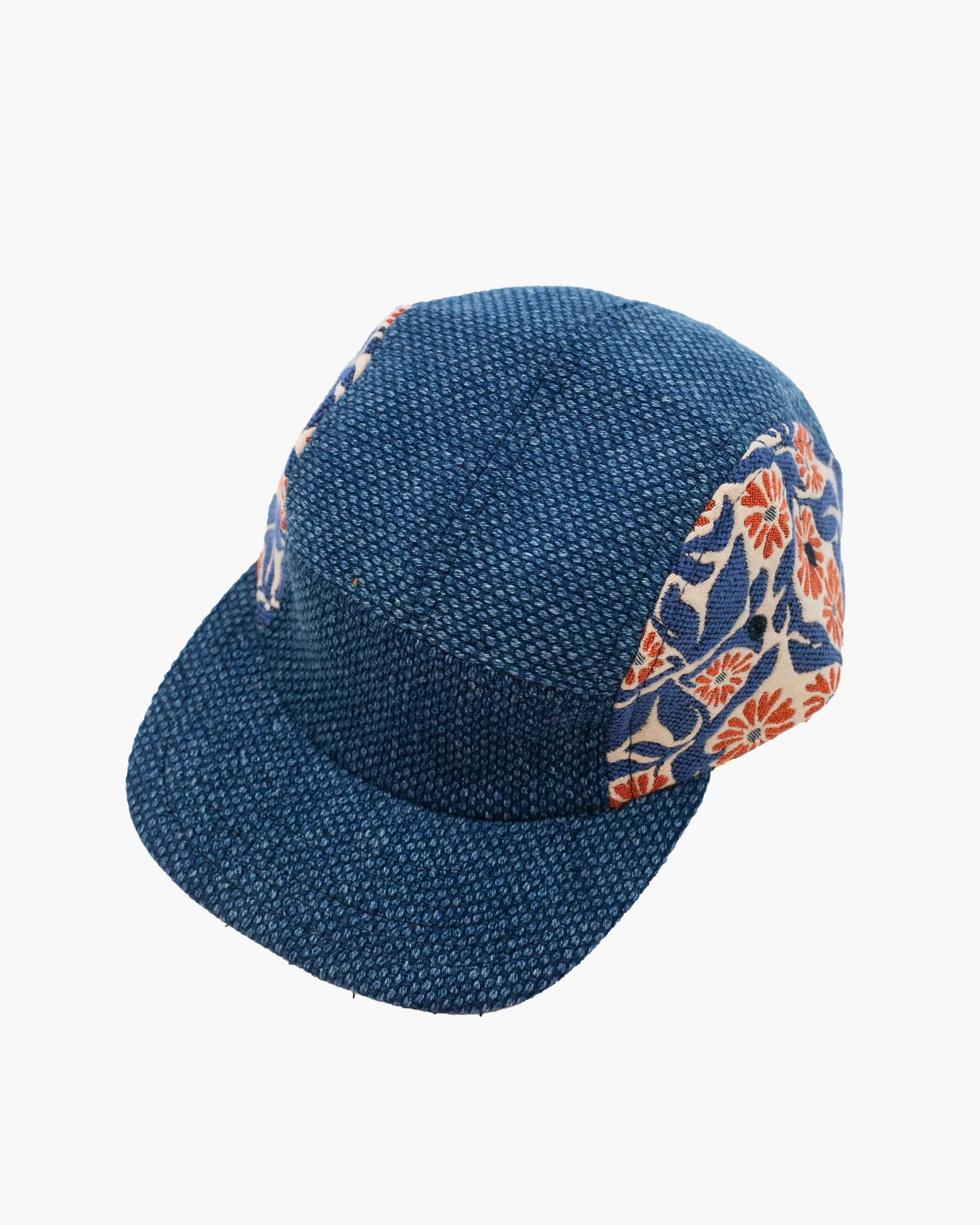 Kiriko Original Cap, 5-Panel, Two Tone, French Jacquard X Sashi-Ori, Wash Indigo with Orange Chrysanthemum sold by Kiriko product image thumbnail 2