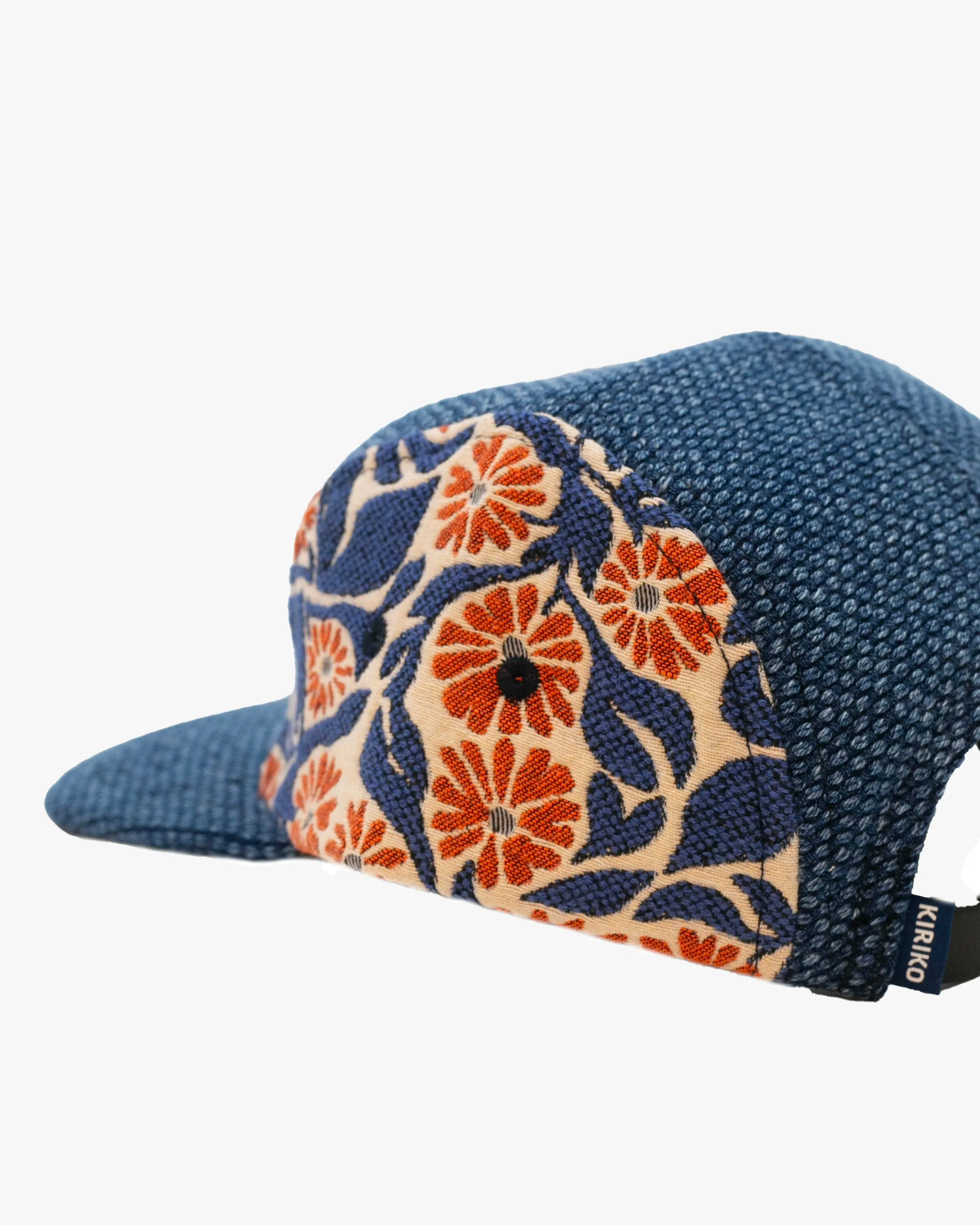 Kiriko Original Cap, 5-Panel, Two Tone, French Jacquard X Sashi-Ori, Wash Indigo with Orange Chrysanthemum sold by Kiriko product image thumbnail 3