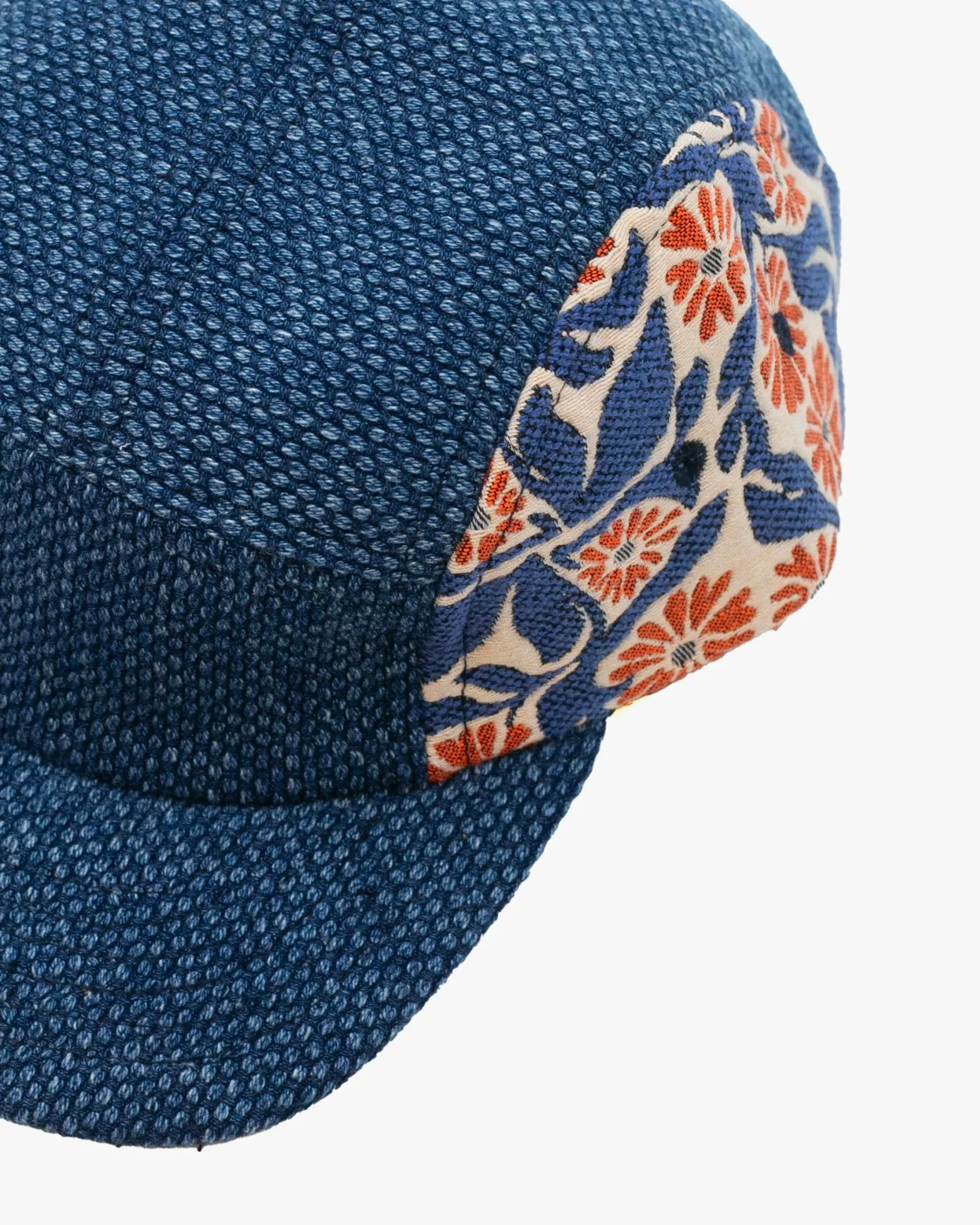 Kiriko Original Cap, 5-Panel, Two Tone, French Jacquard X Sashi-Ori, Wash Indigo with Orange Chrysanthemum sold by Kiriko product image thumbnail 5