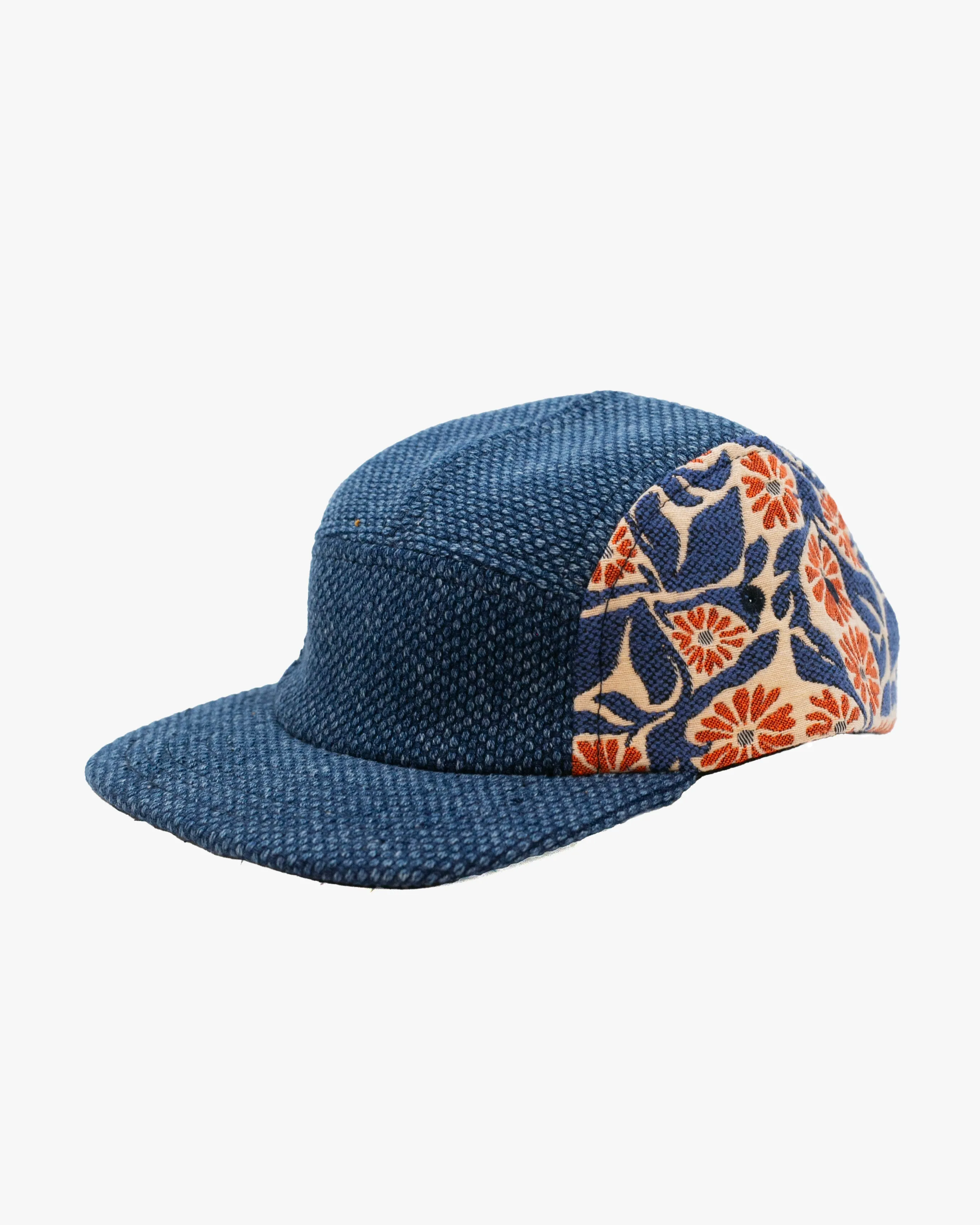 Kiriko Original Cap, 5-Panel, Two Tone, French Jacquard X Sashi-Ori, Wash Indigo with Orange Chrysanthemum sold by Kiriko