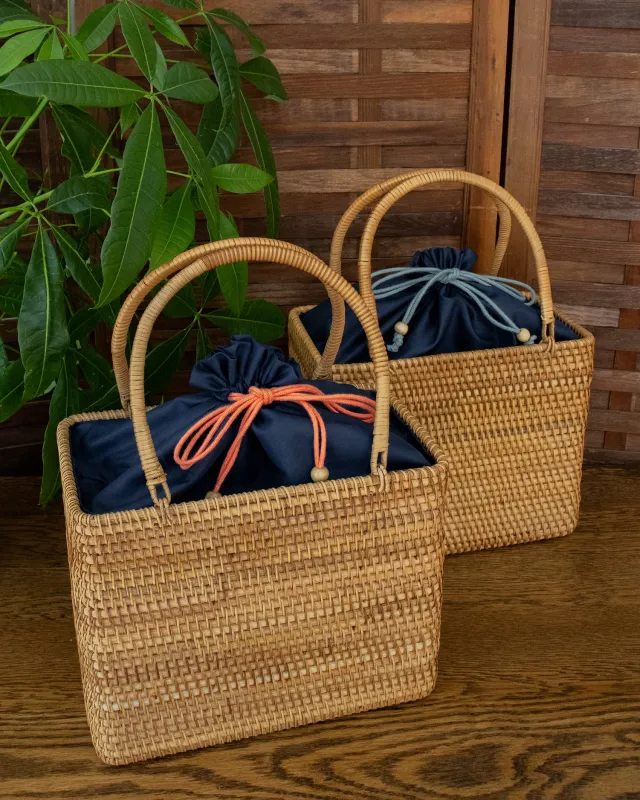 Kokoro Original, Bamboo Woven Bag with Blue Kinchaku Insert, Square made by Kiriko