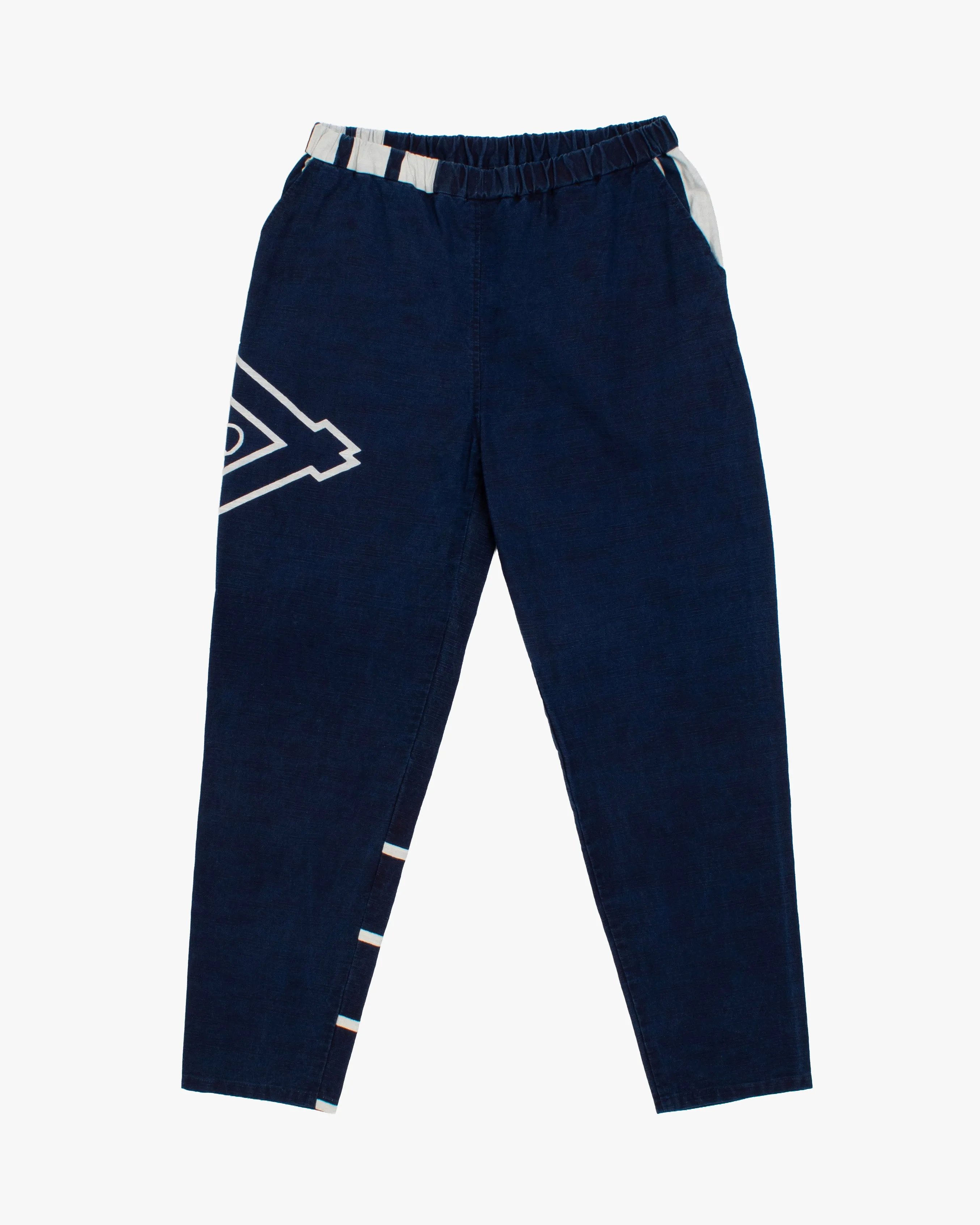 Modern Monpe Pants, Aizawa, Indigo with Hishi and Kakuji sold by Kiriko