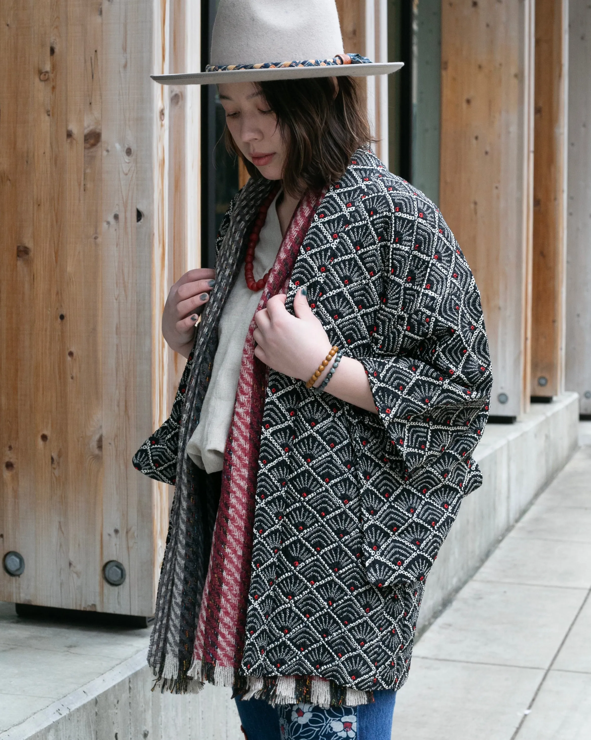 Vintage Haori Jacket, Full Shibori, Hanabishi, Black and Red sold by Kiriko product image thumbnail 2