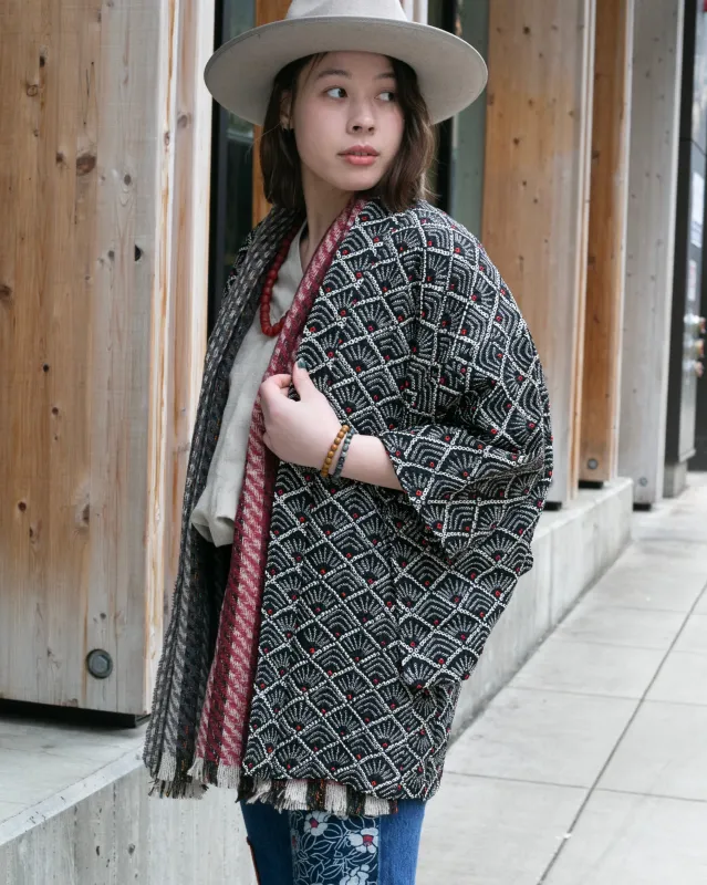 Vintage Haori Jacket, Full Shibori, Hanabishi, Black and Red made by Kiriko