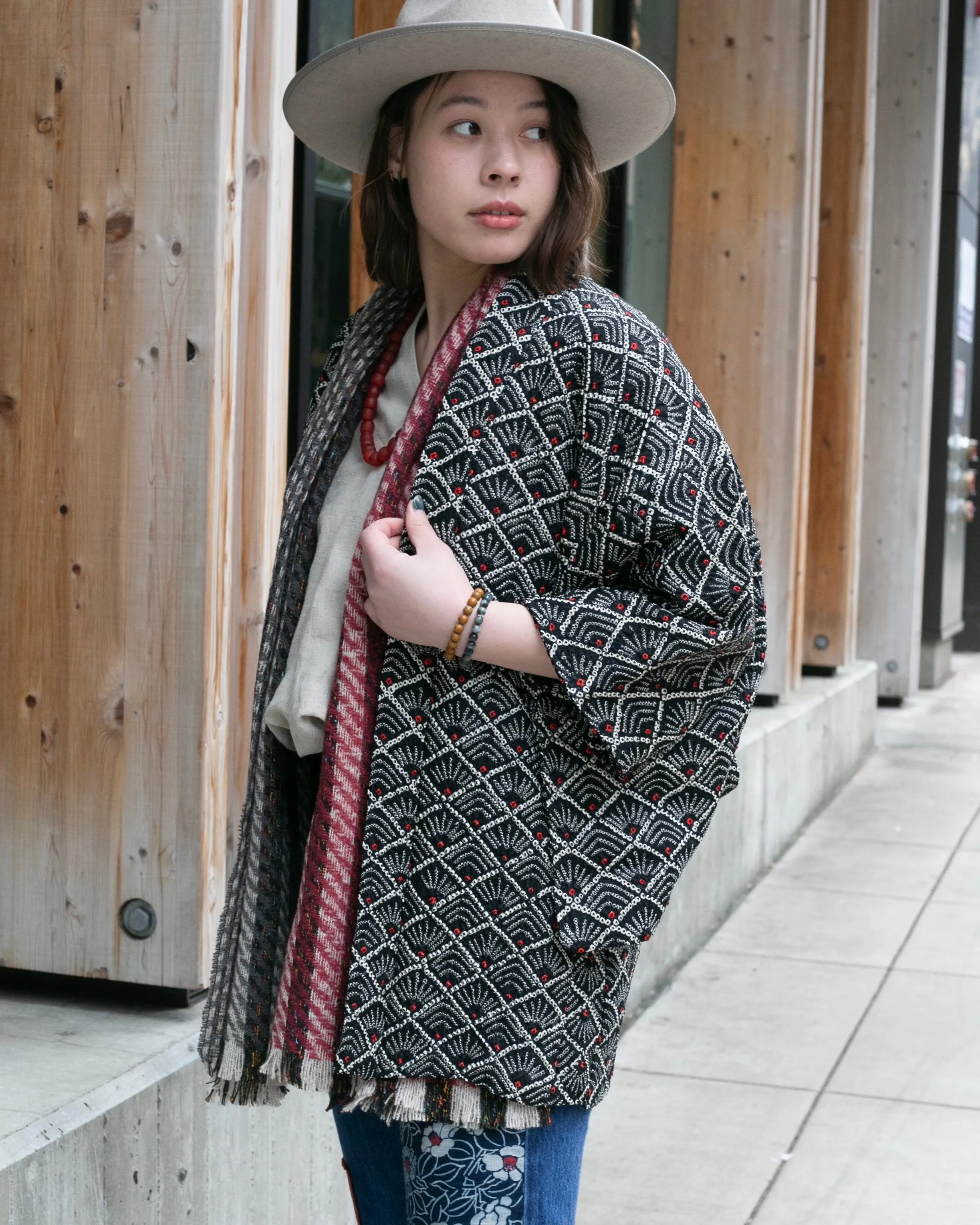 Vintage Haori Jacket, Full Shibori, Hanabishi, Black and Red sold by Kiriko