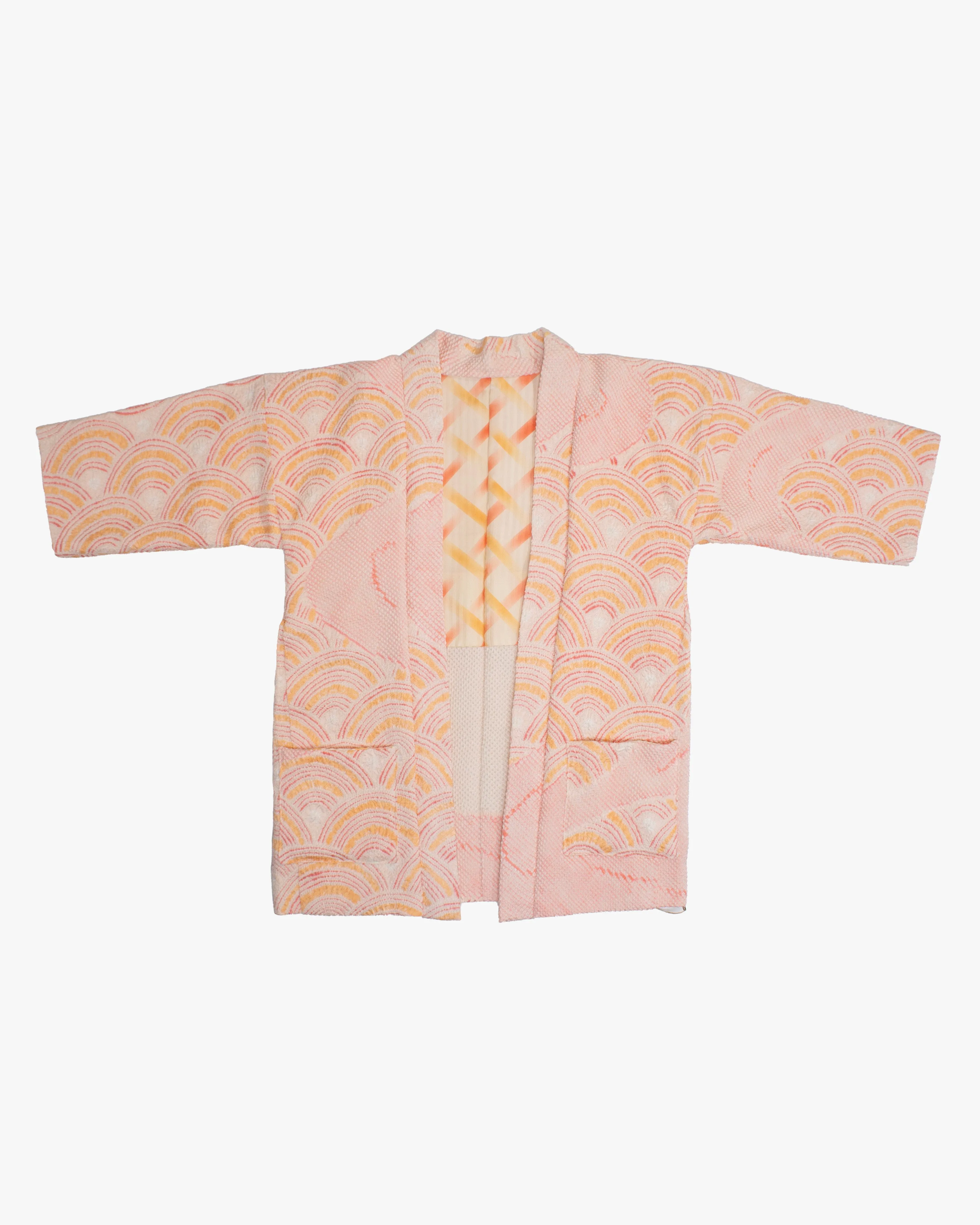 Kiriko Custom, Altered Haori Jacket, Full Shibori, Seigaiha, Light Pink and Orange sold by Kiriko