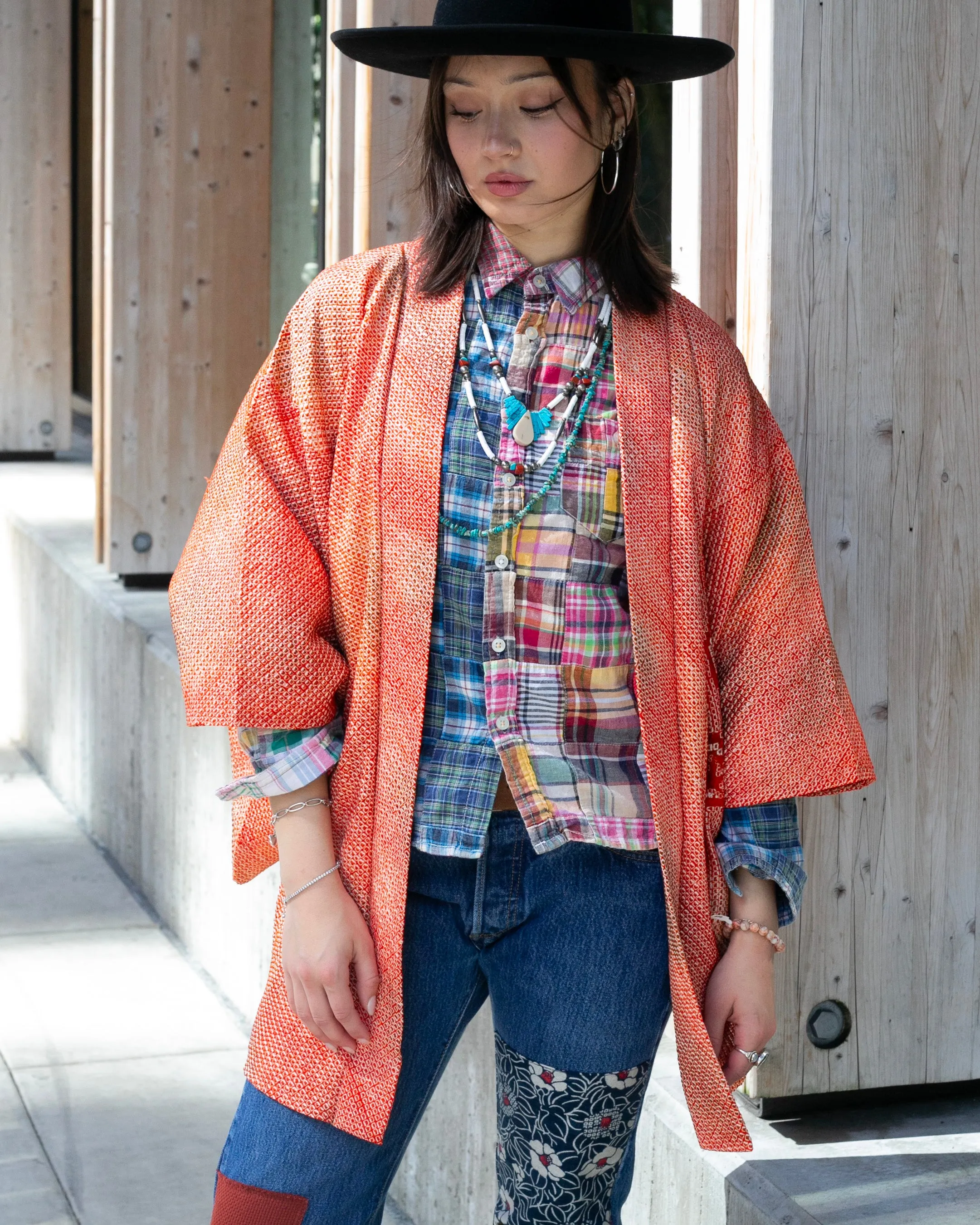 Vintage Haori Jacket, Full Shibori, Orange with Pattern sold by Kiriko